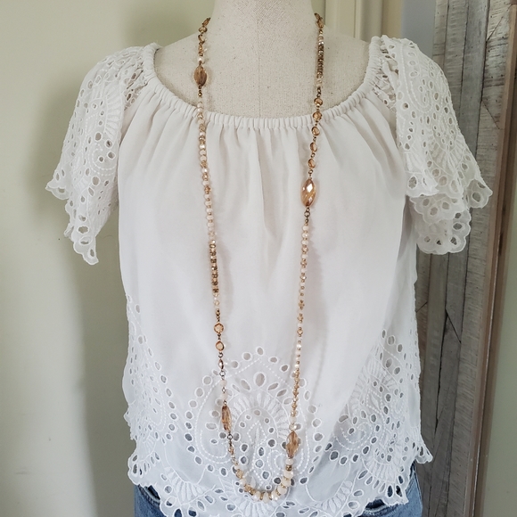 Long Beaded Necklace & Earring Set Natural Cream & Champagne Gold - Picture 5 of 8